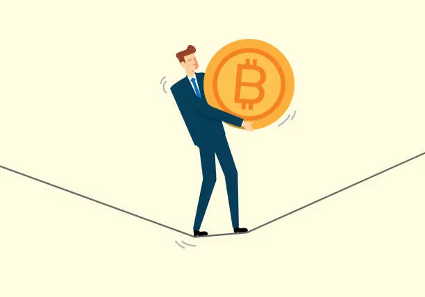 Vector illustration of Businessman holding bitcoin and walking on rope