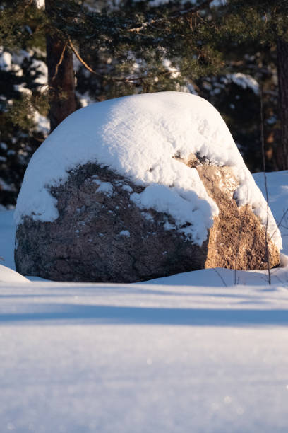 A rural scene of sunny winter day with a block of granite covered in snow. stock photo