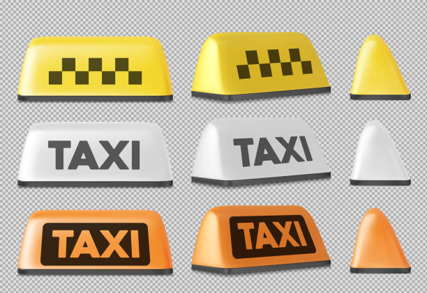 istock Vector Realistic Yellow  Taxi Sign Icon Set Closeup Isolated on White Background. Design template for Taxi Service, Mockup. Front and Side View 1364430247