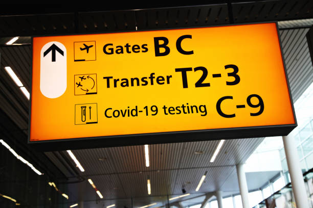 istock Airport terminal sign Covid-19 testing travel 1364430395