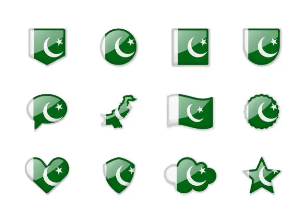 Vector illustration of Pakistan - set of shiny flags of different shapes.