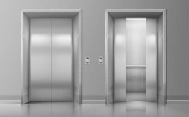 stockillustraties, clipart, cartoons en iconen met doors elevator .realistic open chrome metal office elevator vector illustration - lift