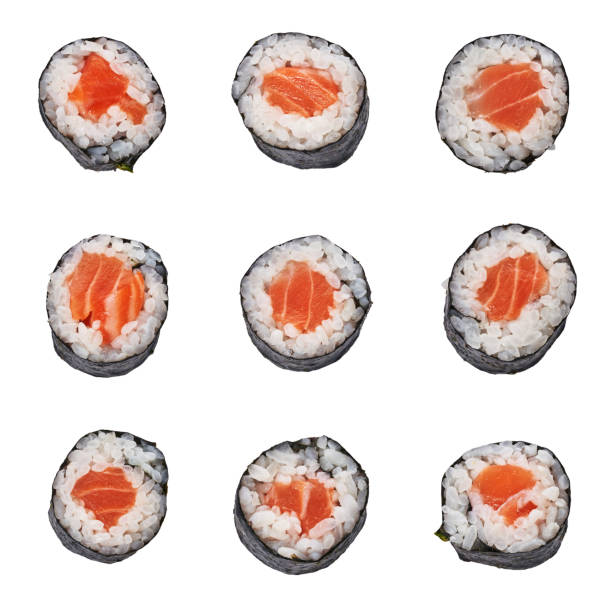 Group of salmon sushi maki isolated on white background