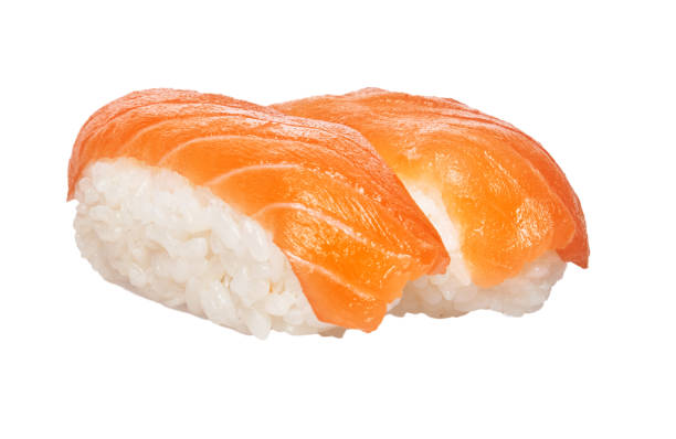 istock Two salmon sushi nigiri isolated on white background 1364431783