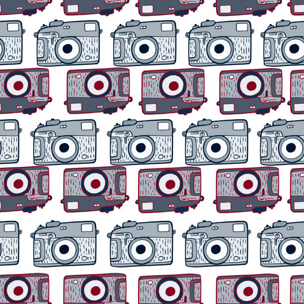 istock Photo camera vintage seamless pattern. Retro photo cameras design. Repeated texture in doodle style. 1364433757