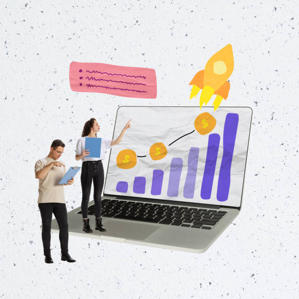 Creative design. Contemporary art collage. Man and woman, analytics making sales statistics