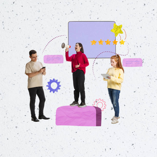 istock Contemporary art collage. Creative design of people making marketing target statistics 1364435213
