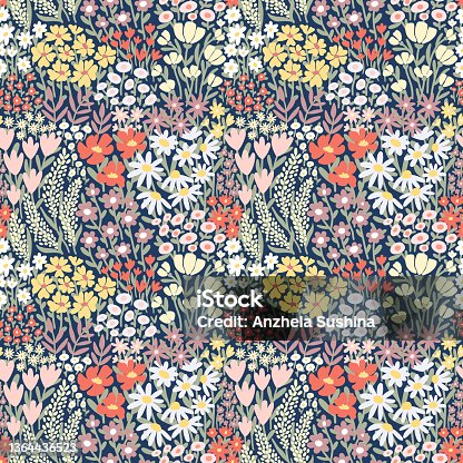istock Ditsy floral seamless pattern. Many various Summer Flowers on blue background. Full Meadow Wildflower texture. Liberty style motif for fashion print, textile 1364436523