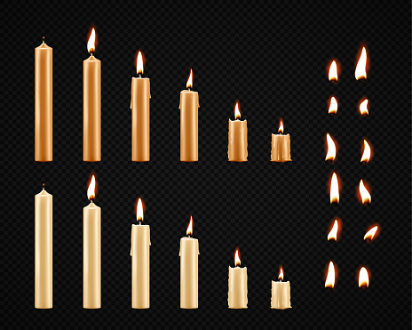 Vector set of realistic burning candles isolated on transparent background