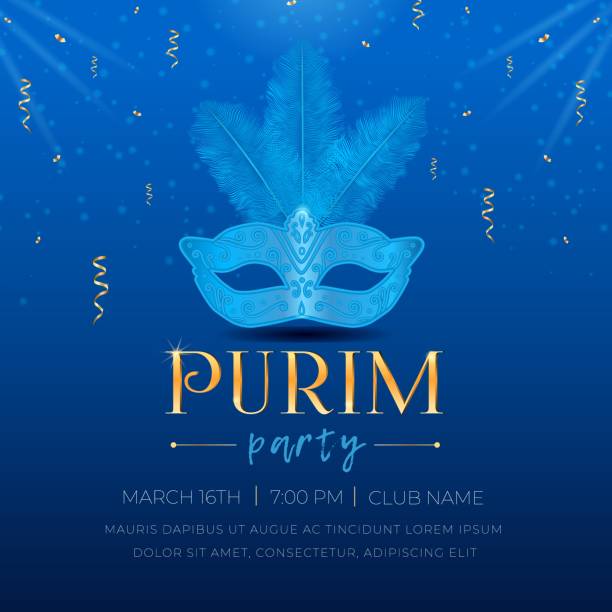 illustrations, cliparts, dessins animés et icônes de joyeux pourim, invitation à la fête juive. masques de carnaval masqués avec plumes, étincelles, serpentine dorée et texte 3d sur fond bleu illustration vectorielle. - pourim