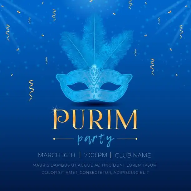 Vector illustration of Happy Purim, Jewish holiday celebration party invitation. Masquerade Carnival masks with feathers, sparkles, golden serpentine, and 3d text on blue background Vector illustration.