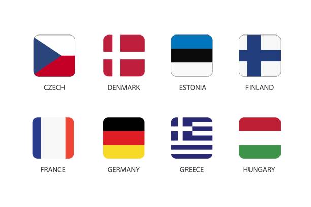 set der quadratischen flagge in europa länder isoliert auf weißem hintergrund. satz aus tschechien, dänemark, estland, finnland, frankreich, deutschland, griechenland und ungarn. - france germany flag white background stock-grafiken, -clipart, -cartoons und -symbole