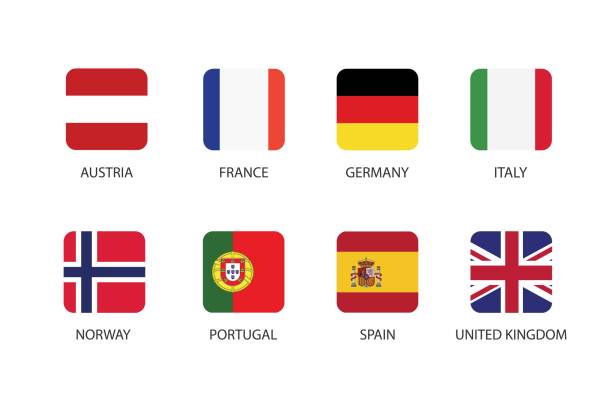 illustrazioni stock, clip art, cartoni animati e icone di tendenza di insieme della bandiera quadrata nei paesi europei isolati su sfondo bianco. insieme di austria, francia, germania, italia, norvegia, portogallo, spagna e regno unito. - france germany flag white background