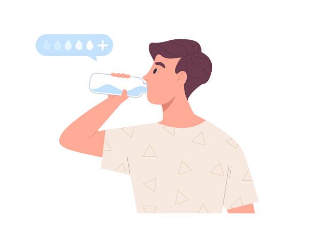 stockillustraties, clipart, cartoons en iconen met young man drinking water from bottle with water drop scale of hydration. concept of staying hydrated, healthy lifestyle, health care, daily life. - drinkwater