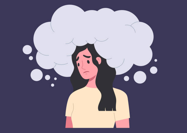 illustrazioni stock, clip art, cartoni animati e icone di tendenza di giovane femmina con un'enorme nuvola blu sopra la testa con espressione del viso triste. concetto di pensiero eccessivo, problemi, depressione, stress, malattia della salute del metallo, emozione. - illustrazioni di serio