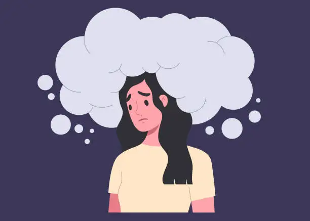 Vector illustration of Young female with huge blue cloud above her head with sad face expression. Concept of over thinking, trouble, depression, stressed, metal health illness, emotion.
