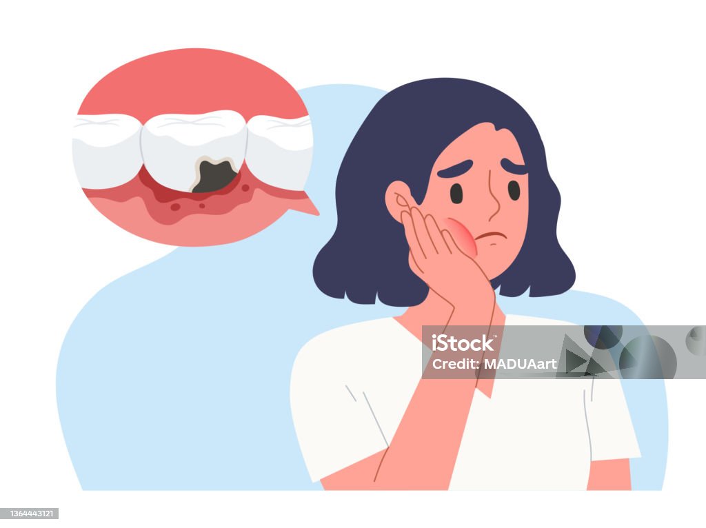 Young woman holding her cheek with hand palm. Suffering from toothache. Decayed tooth cause of oral disease. Concept of oral health, dental problem . - Royalty-free Tandbederf vectorkunst
