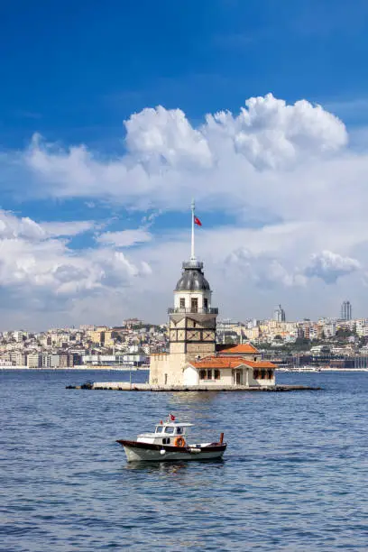 A wooden fish boat in front of the Maiden's Tower at Istanbul