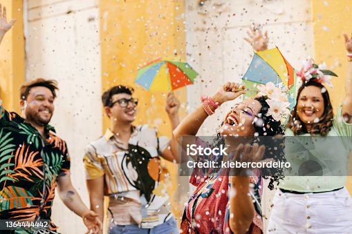 istock Brazilian Carnival. Group of friends celebrating carnival party 1364444442