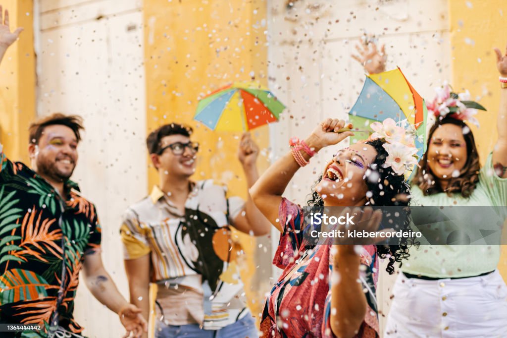 Brazilian Carnival. Group of friends celebrating carnival party Carnival - Celebration Event Stock Photo