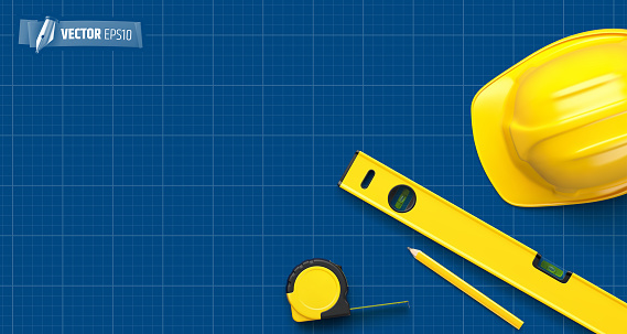 Vector realistic illustration of tools on a blue background.