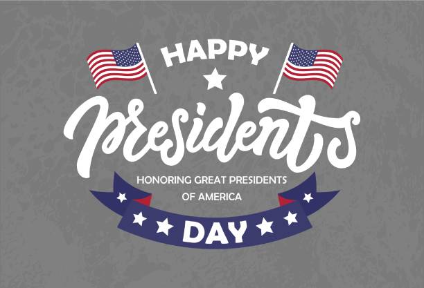 USA Happy Presidents Day logo. Vector illustration of celebration text, hand drawn lettering, ribbon with stars, US flags on textured grey background. Typography poster for American holiday. Greeting card, banner, badge design USA Happy Presidents Day logo. Vector illustration of celebration text, hand drawn lettering, ribbon with stars, US flags on textured grey background. Typography poster for American holiday. Greeting card, banner, badge design presidents day logo stock illustrations