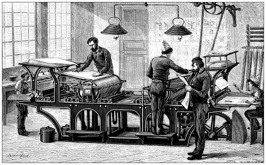 Antique illustration of 19th century industry, technology and craftsmanship: Printing press typography