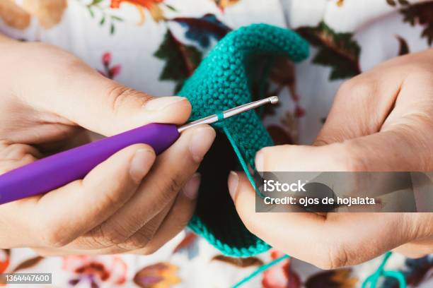 Womans Hands Making Crcohet With A Close Point Of View Homemade Hobby Craft Concept Stock Photo - Download Image Now