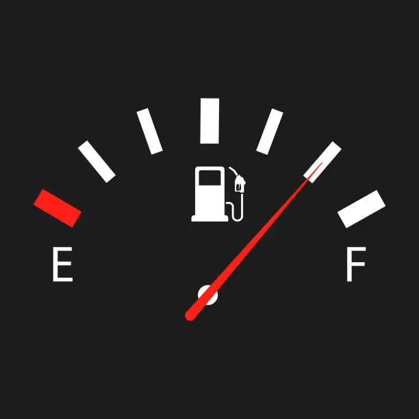 Vector illustration of Illustration with gauge of fuel indicator gas on black background. Fuel gauge full with indicator.