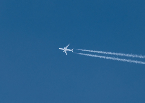 Airliner in flight, at high altitude. The aircraft belongs to the Qatar airline. Romania, Craiova. January, `13, 2022.
