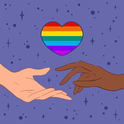 Vector banner of hands of diverse people under LGBT symbol in heart. Vector illustration of heart shaped rainbow LGBT flag above hands of multiracial people reaching out to each other against purple background. Vector illustration