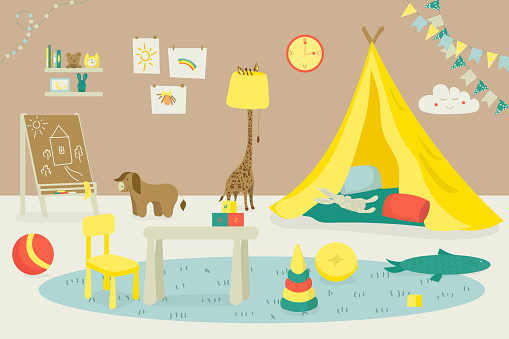 Room interior for kid, indoor home furniture, vector illustration. House playroom design, apartment with little table, wigwam for child. Flat toy for game, desk, lamp, shelf in bedroom.