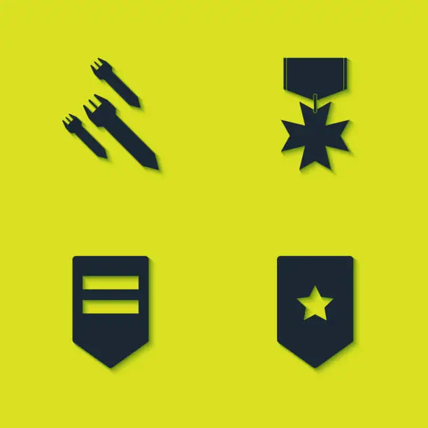 Vector illustration of Set Rocket, Chevron, and Military reward medal icon. Vector