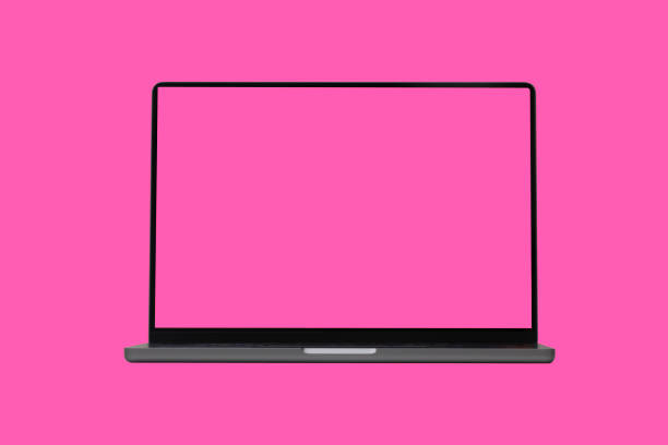 Silver colored laptop with blank screen isolated on white background