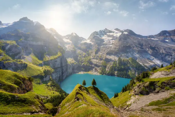 Oeschinensee in the Swiss Alps in Summer, post processed using exposure bracketing