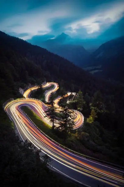 Maloja Pass at night in southern Swiss Alps , post processed using exposure bracketing