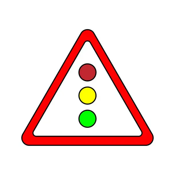 Vector illustration of Traffic signals ahead sign. Road emblem. Information icon. Red triangular shape. Vector illustration. Stock image.