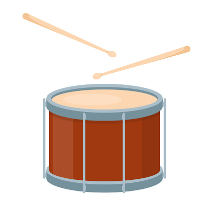 Brown drum and wooden drumsticks isolated on white background. Drums icon musical instrument. Vector illustration in flat cartoon style.