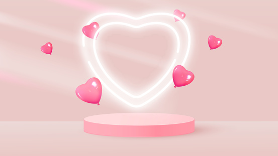 Minimalistic stage with pink cylindrical podium, heart frame and balloons. Scene for the demonstration of a cosmetic product, showcase. Vector illustration