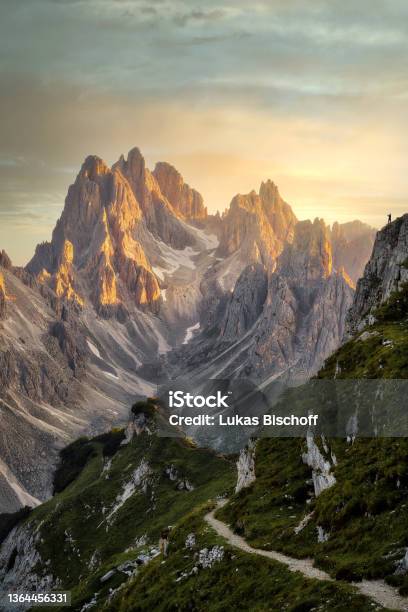 Cadini Group In Dolomites Italy Drei Zinnen National Park During Sunset Stock Photo - Download Image Now