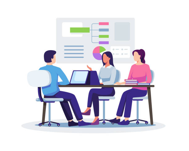 Business meeting illustration concept Business meeting illustration concept. People on presentation conference, Business workflow, planning and strategy. Vector illustration in a flat style business meeting stock illustrations