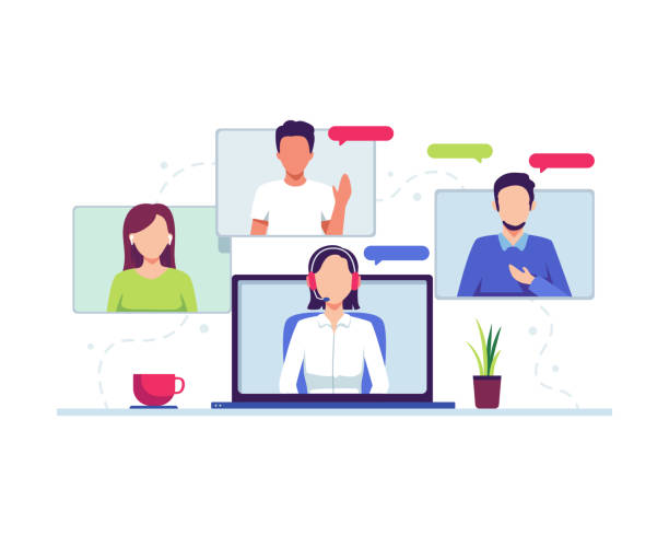 Video conference and virtual communication concept Video conference and virtual communication concept. Remote communication on the internet. Online meeting, work from home. Vector illustration in a flat style in the middle of nowhere stock illustrations