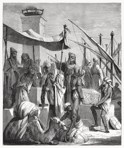 Merchants from Tyre (Phenicia) with their goods, woodcut, published 1862 Merchants from Tyre (Phenicia) with their goods. Harbor scene from ancient times. Wood engraving, published in 1862. phoenician stock illustrations