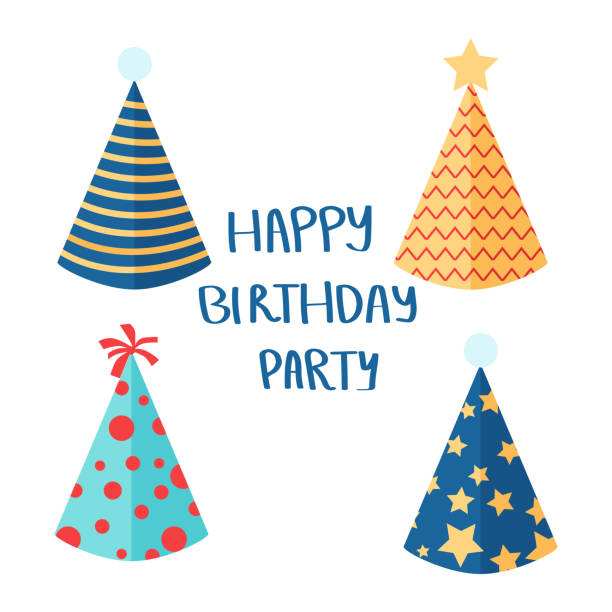 Party time. Party hats. Flat vector illustrations for party invitations, banners, cards. Party time. Party hats. Flat vector illustrations for party invitations, banners, cards. party hat stock illustrations