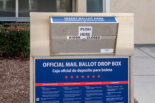 Victorville, CA / USA – October 9, 2020: San Bernardino County mail ballot drop box located in Victorville, California.