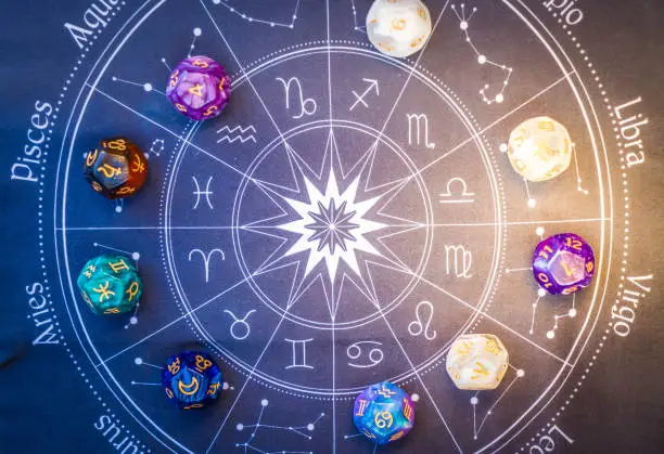 Horoscope zodiac circle with divination dice, top view. Fortune telling and astrology predictions concept, magic rituals and exoteric experience