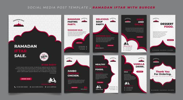 Set social media post template in Black and white with red line islamic background design. Iftar mean is breakfasting and marhaban mean is welcome. Set social media post template in Black and white with red line islamic background design. Iftar mean is breakfasting and marhaban mean is welcome. social media template with islamic background design flyposting illustrations stock illustrations