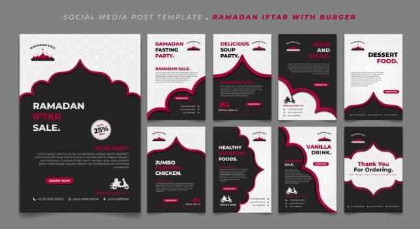 Set social media post template in Black and white with red line islamic background design. Iftar mean is breakfasting and marhaban mean is welcome. Set social media post template in Black and white with red line islamic background design. Iftar mean is breakfasting and marhaban mean is welcome. social media template with islamic background design wild posting ad stock illustrations