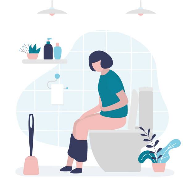 ilustraciones, imágenes clip art, dibujos animados e iconos de stock de la niña se sienta con dolor de estómago en el inodoro. carácter femenino con diarrea o malestar estomacal. diseño interior de baños - women bathtub bathroom water