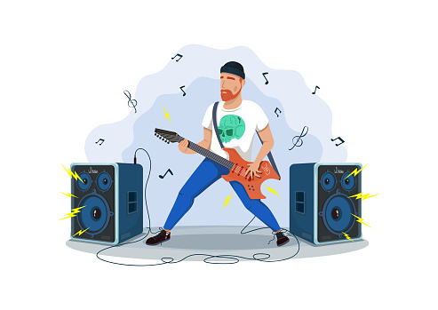 Concept of rock. Energetic and fast music. Heavy metal, punk or indie music. Person standing on scene with electric guitar, performance of singer. Live sound. Cartoon flat vector illustration